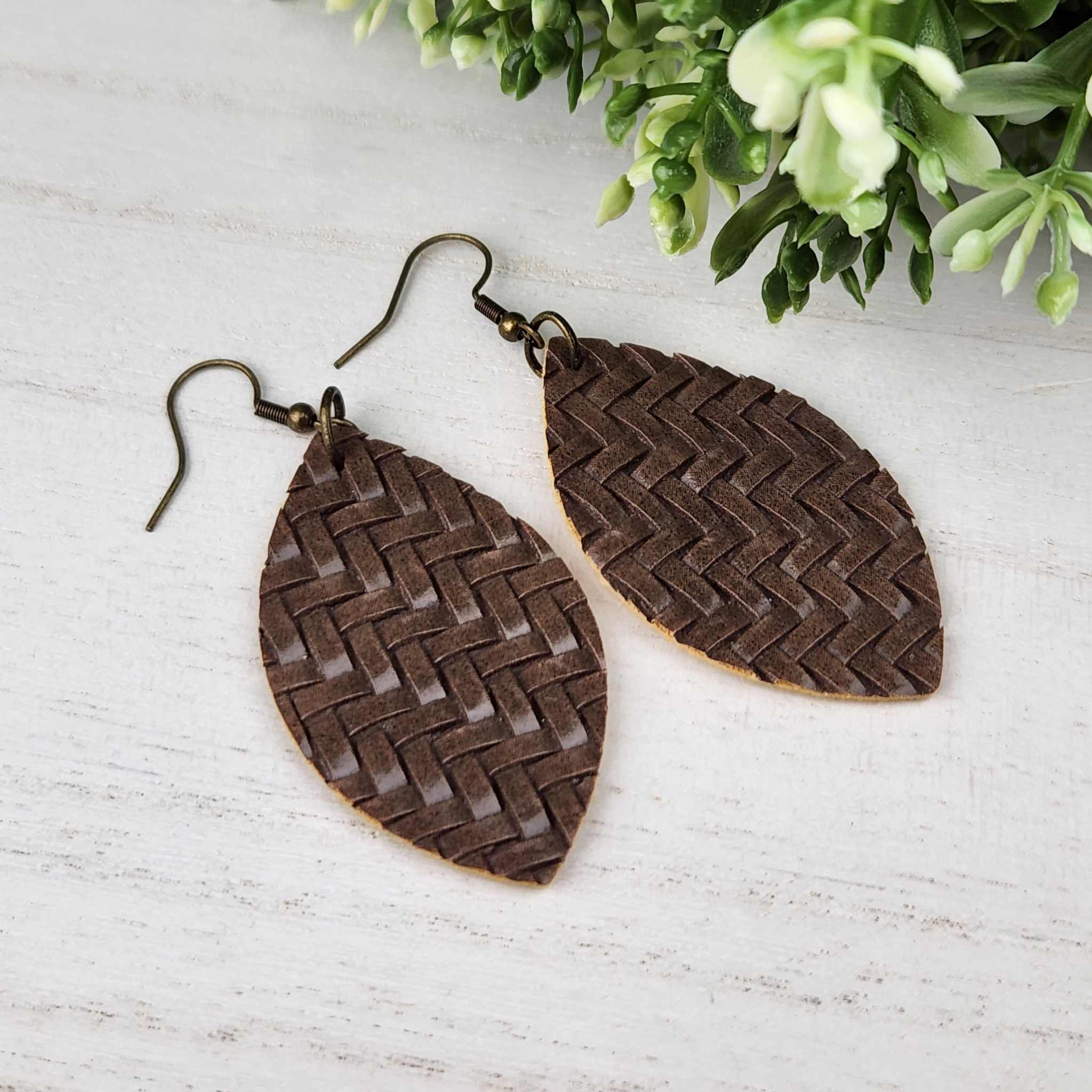 Brown basket weave dangles made with hypoallergenic hooks.