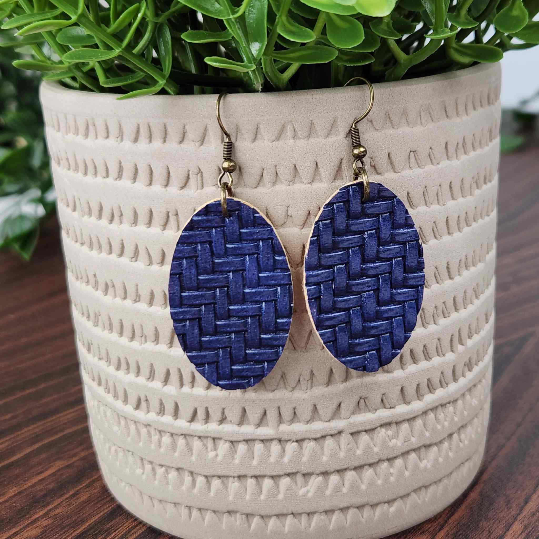 Blue oval basket weave earrings made with hypoallergenic hooks