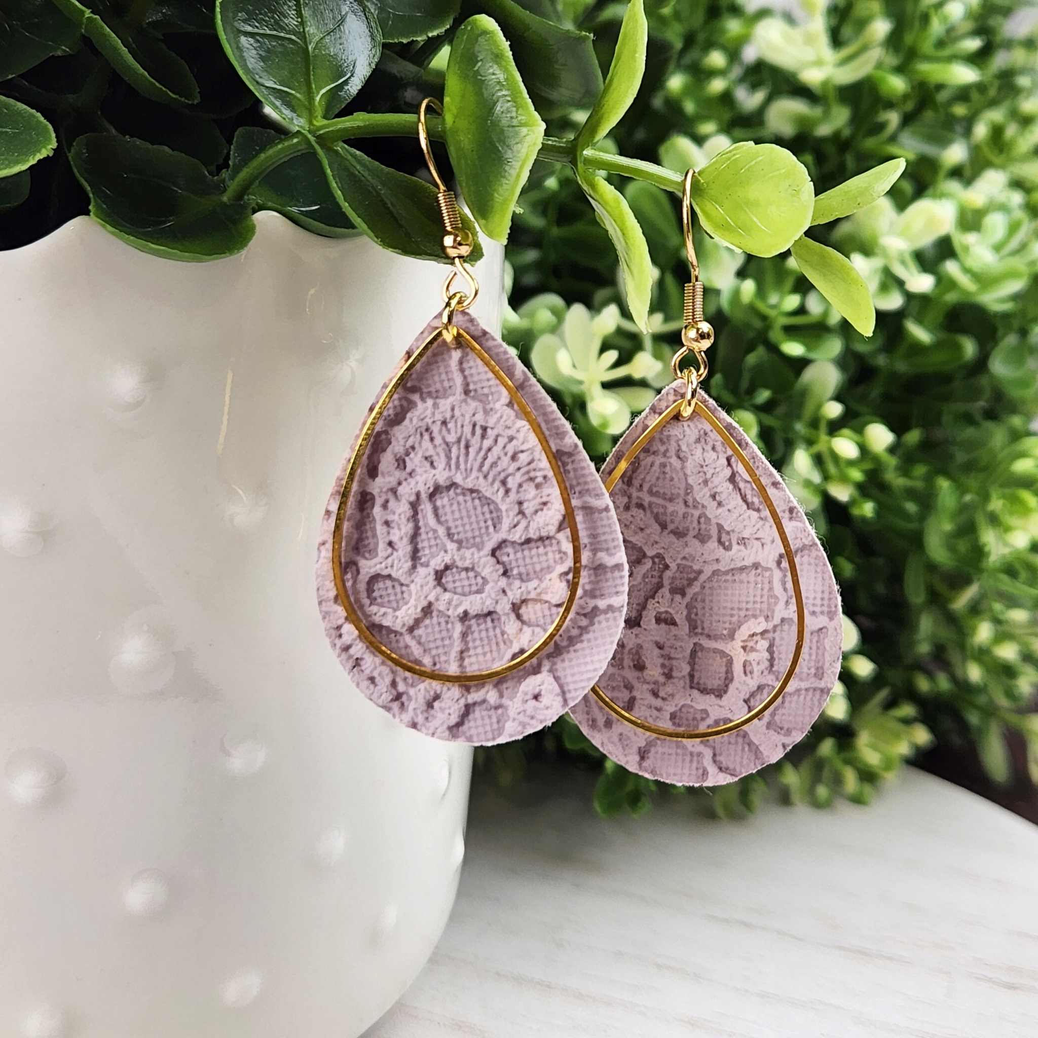 Lavender teardrop earrings made with hypoallergenic hooks