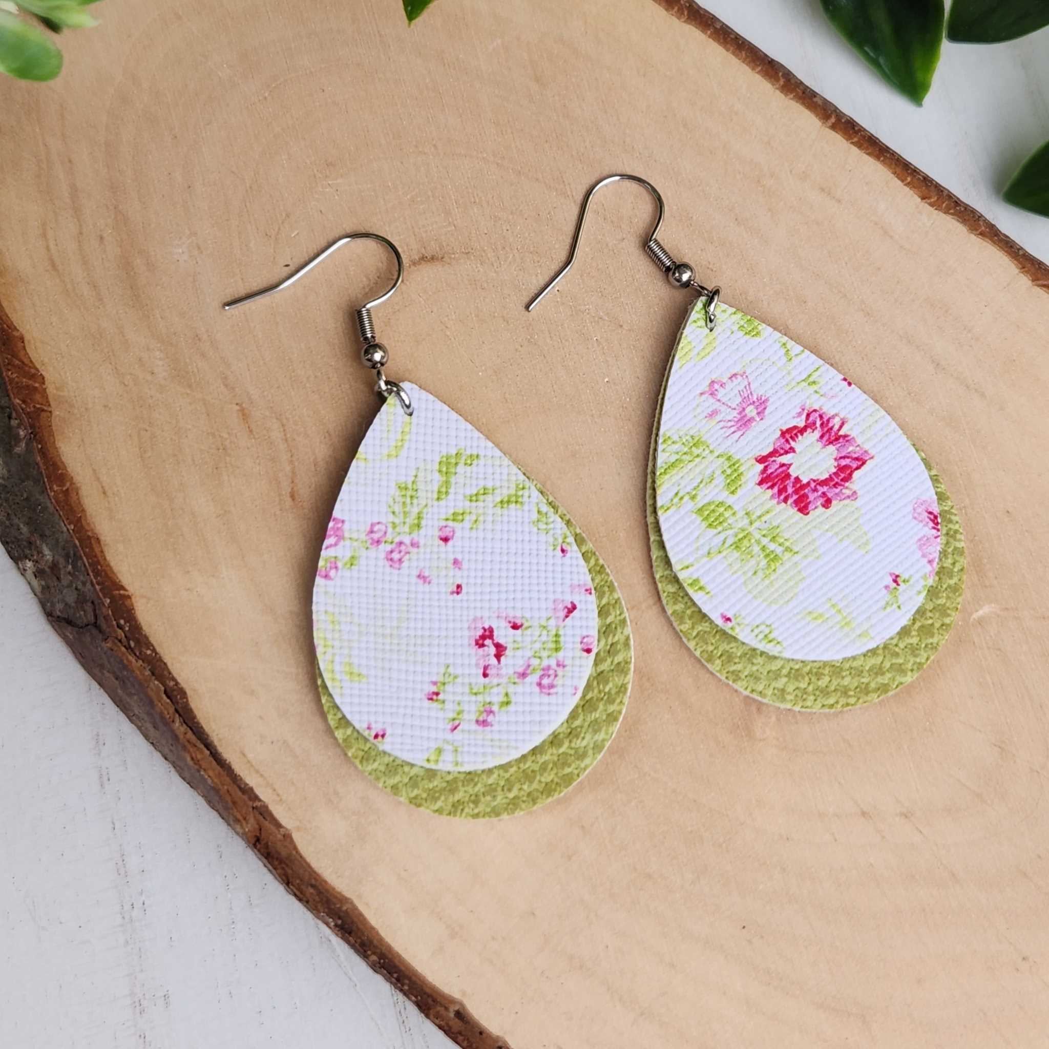 Pink and Green floral leather earrings made with hypoallergenic hooks.