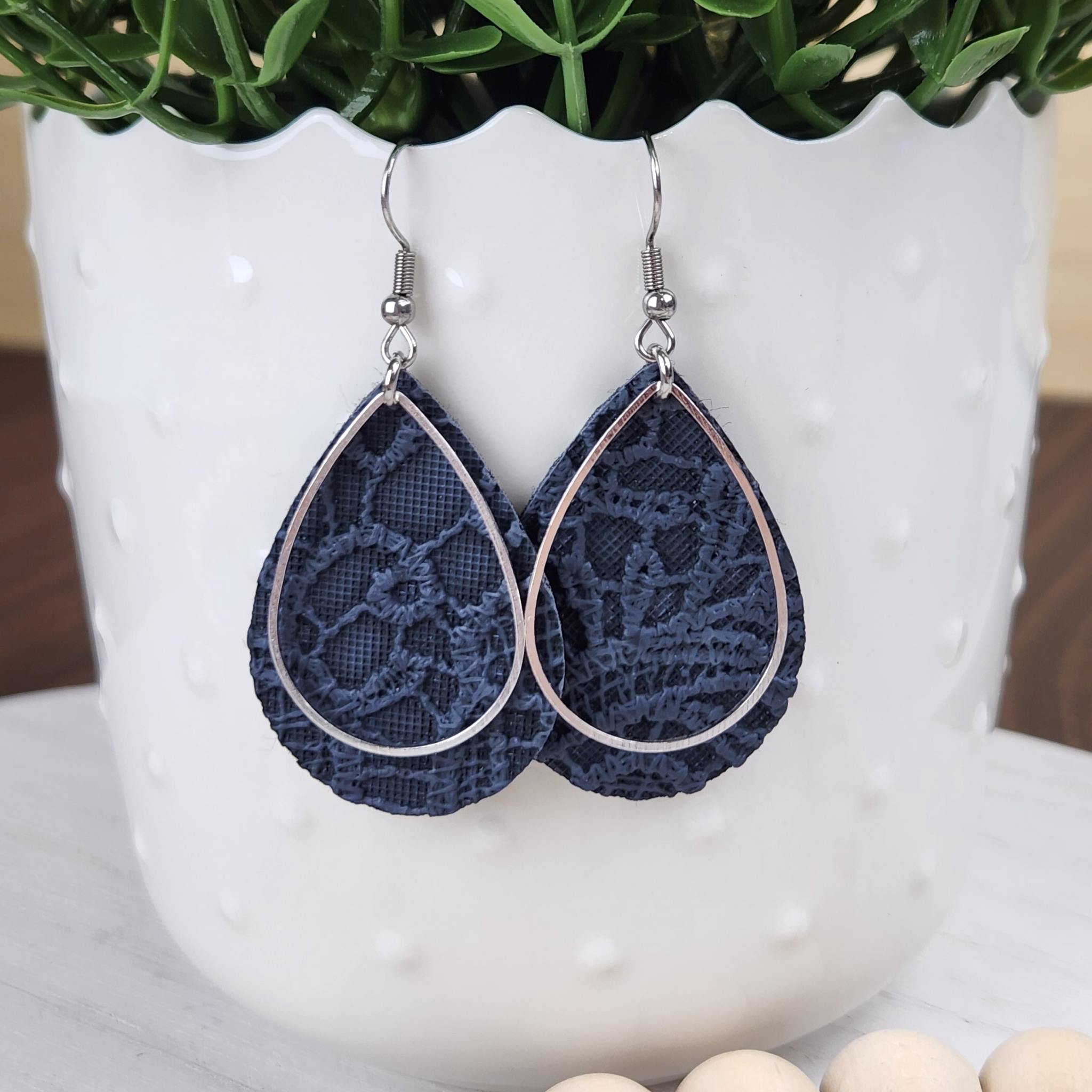 Navy Blue teardrop earrings made with hypoallergenic hooks