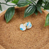 Hyopallergenic gold plated studs, with blue and yellow faux leather inlay. They are 10mm in diameter.