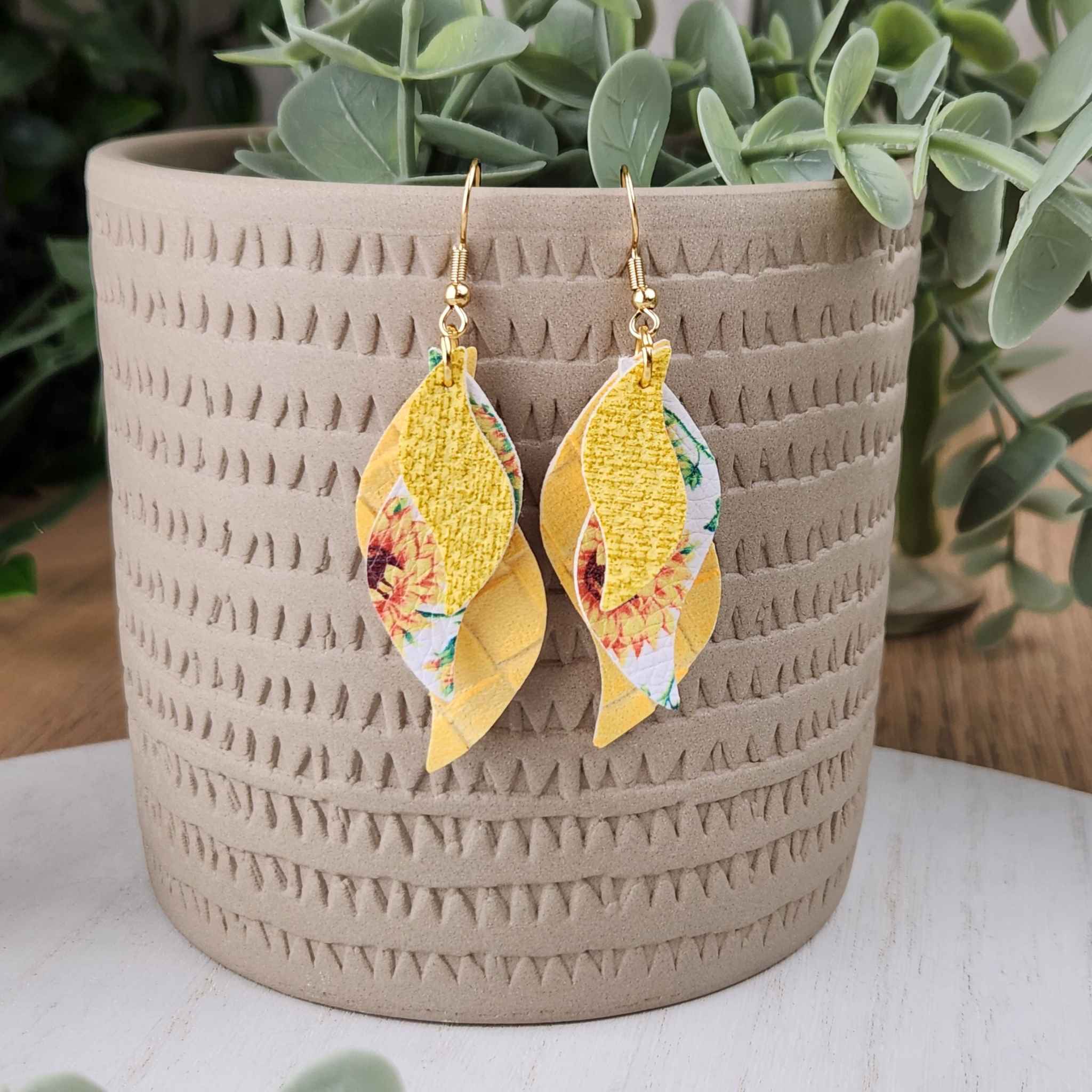 Wavey sunflower earrings made with hypoallergenic hooks