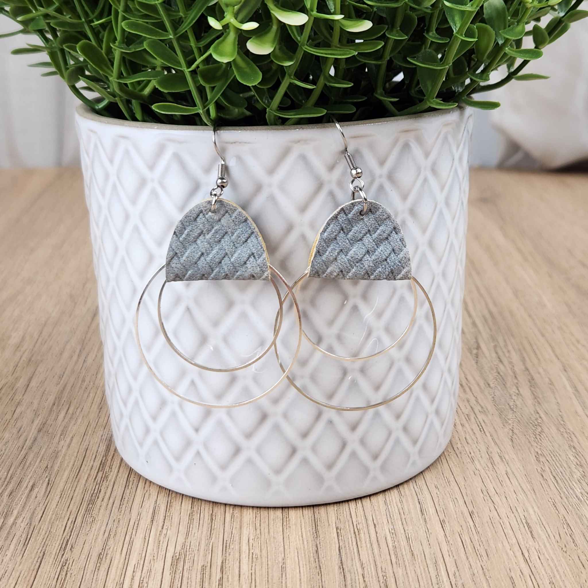 Grey faux leather earrings with hoops and hypoallergenic hooks