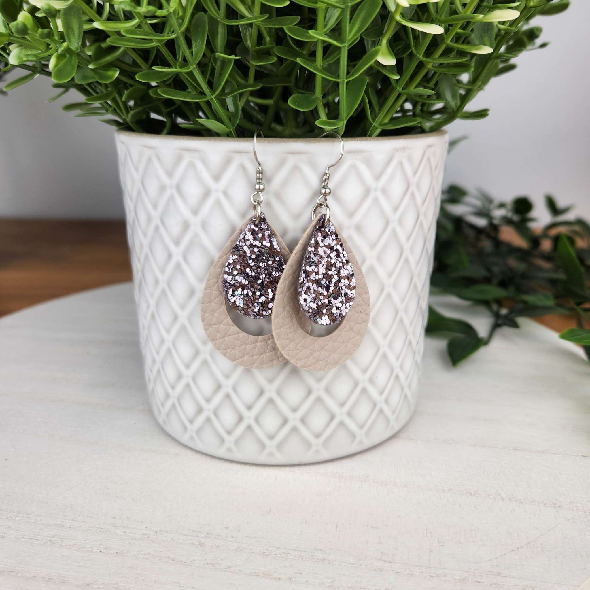 Layered glitter and textured leather earrings, made with hypoallergenic hooks