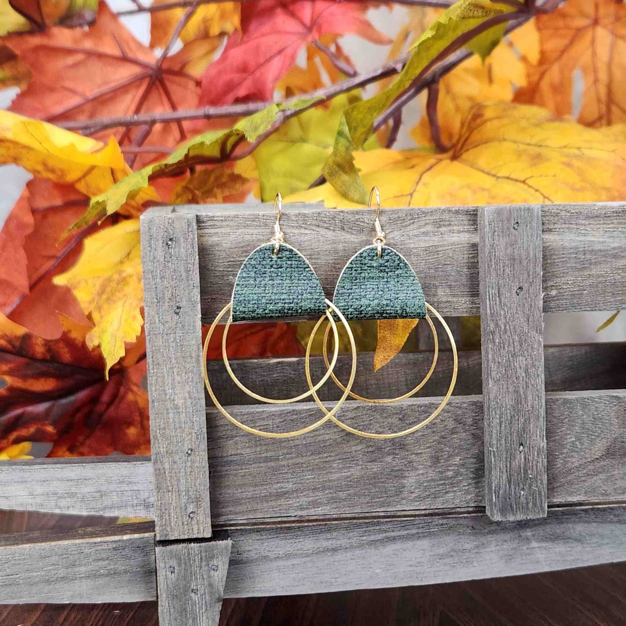 Green faux leather earrings with hoops and hypoallergenic hooks