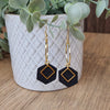 A pair of earrings made with a black faux leather, and gold plated hypoallergenic findings. The earrings are 70mm long.