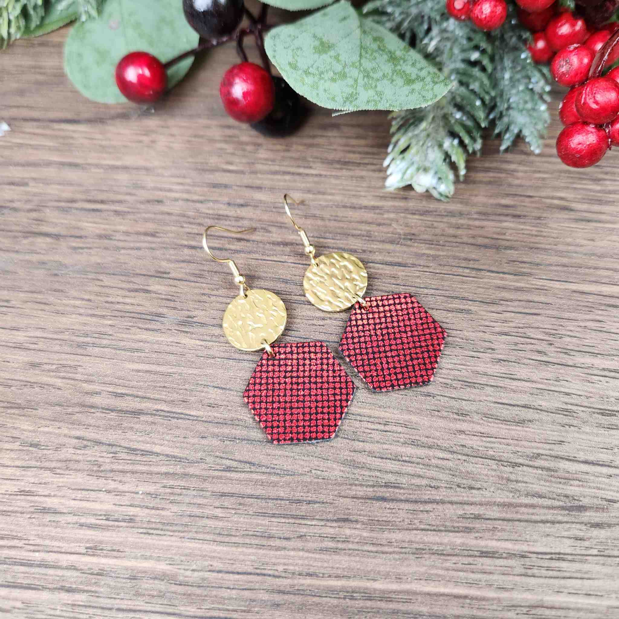 Red hexagon faux leath earrings, gold circle. Hypoallergenic findings