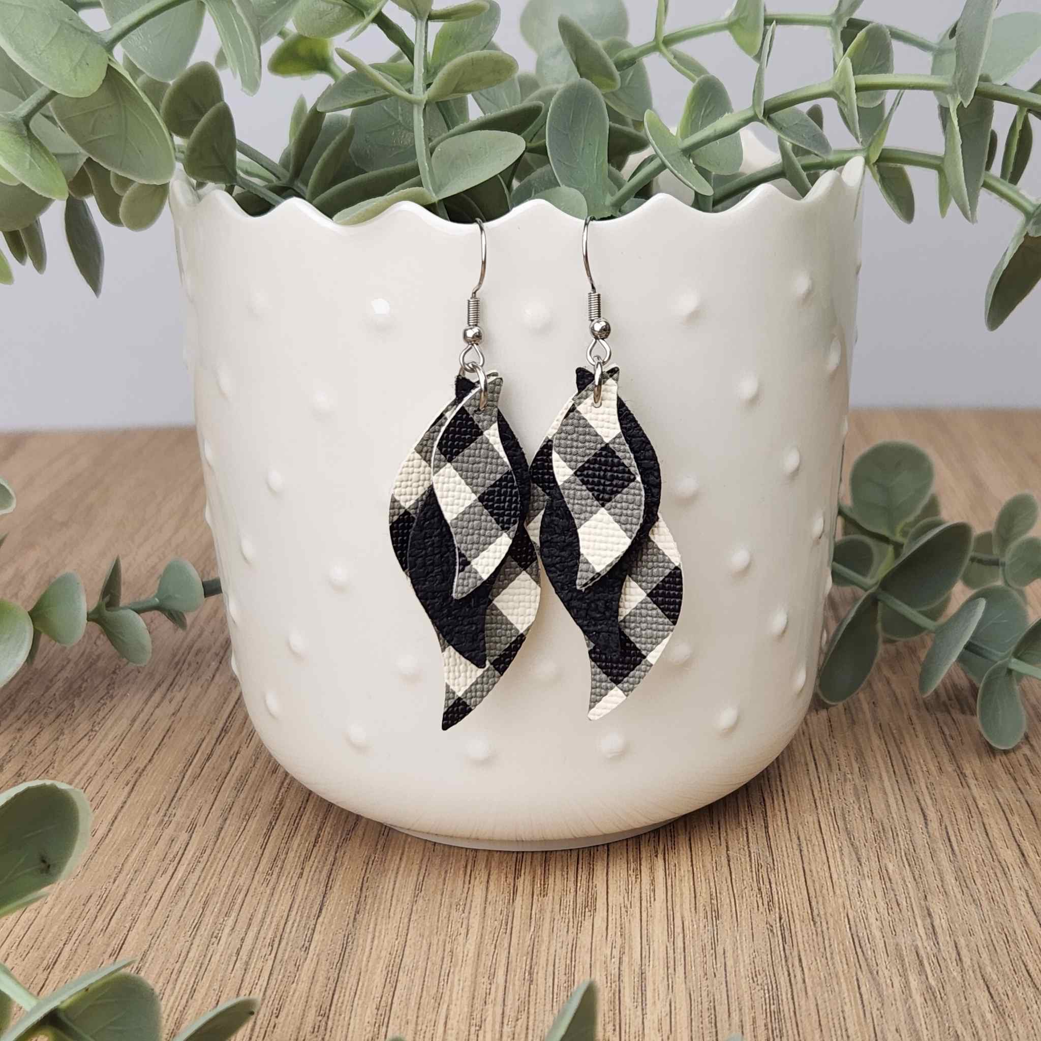 Black and white checked layered earrings. Hypoallergenic hooks..