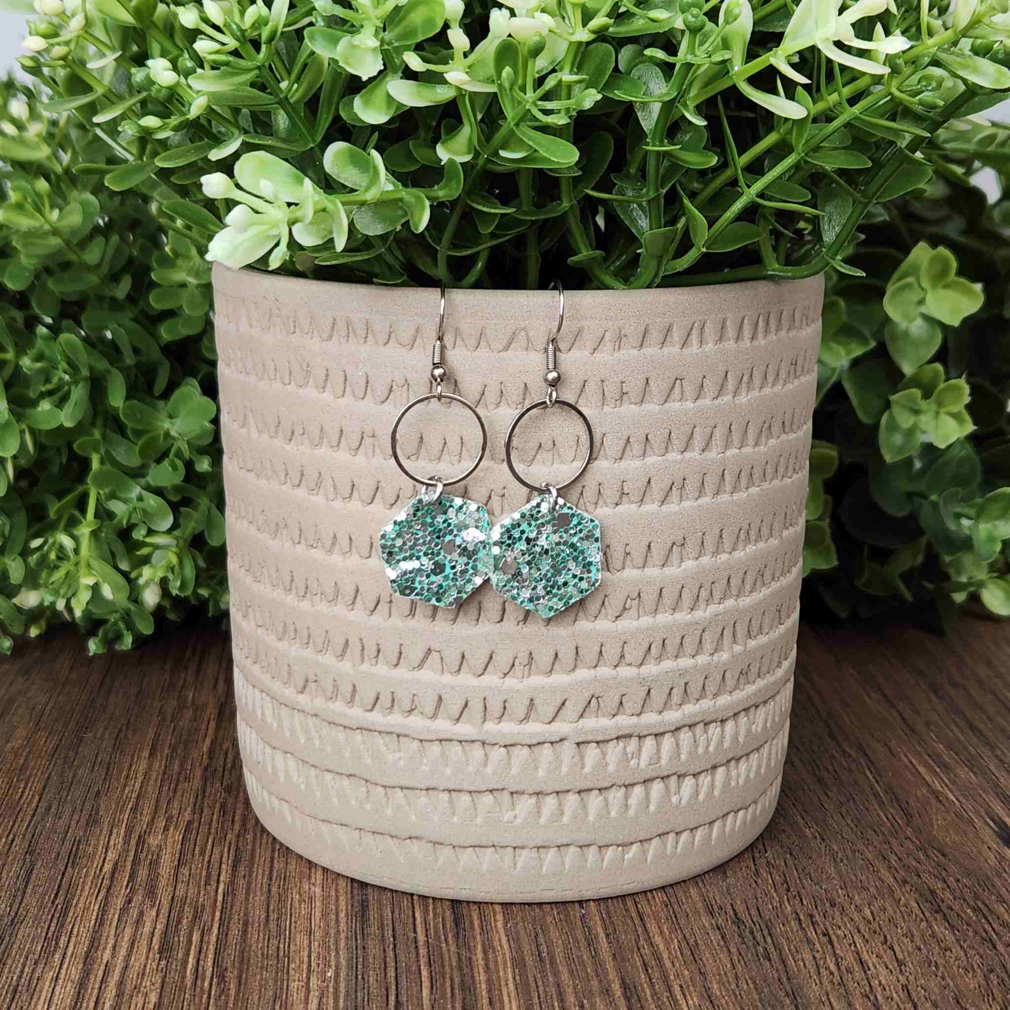 &nbsp;Mint chunky glitter hexagon earrings with silver hoop. Hypoallergenic findings.