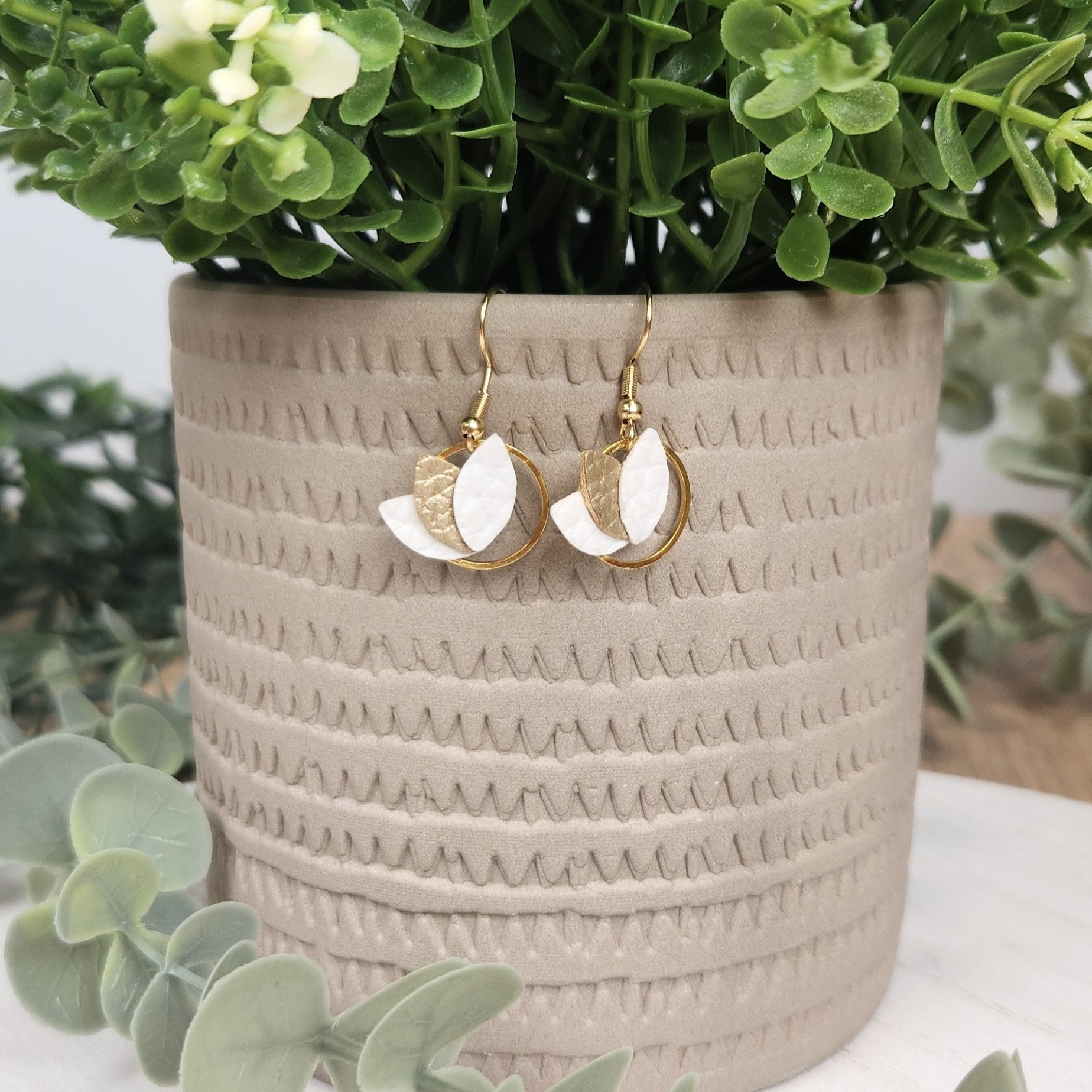 Faux Leather White and Gold Hoop Earrings. Made with Hypoallergenic hooks.