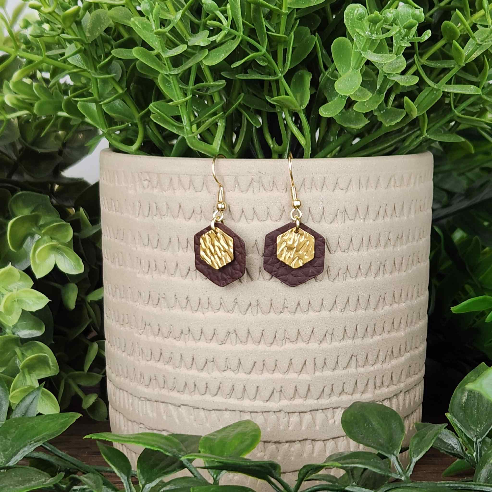 Brown hexagon earrings with hammered hexagon center. Hypoallergenic findings.