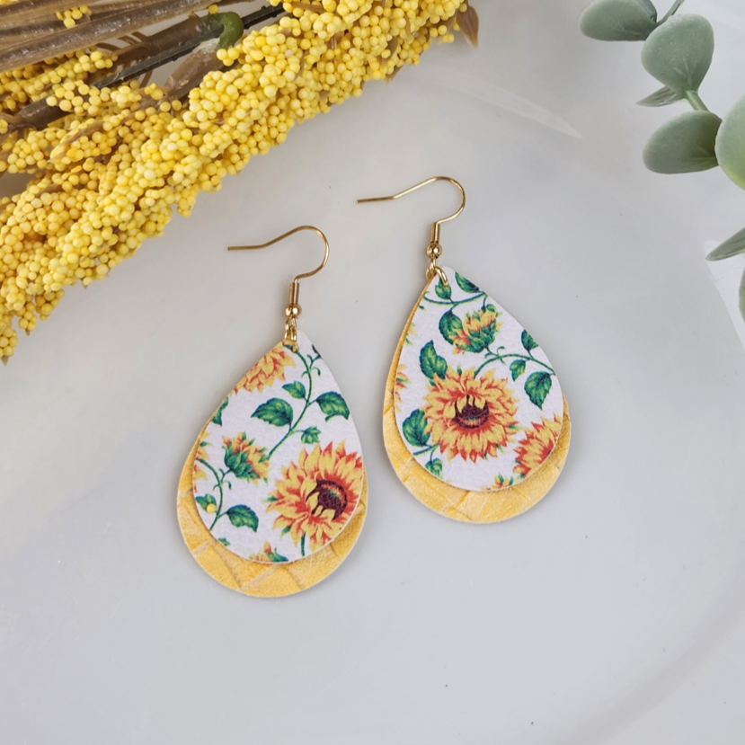 Sunflower teardrop earrings made with hypoallergenic hooks